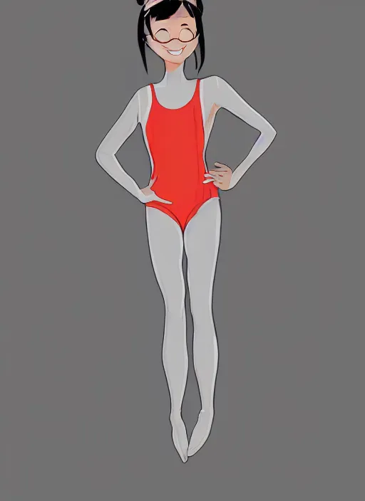 Prompt: a perfect professional digital sketch of a funny and cute Japanese young woman wearing one-piece racing competitive swimsuit leotard, in style of Disney Pixar, CalArts