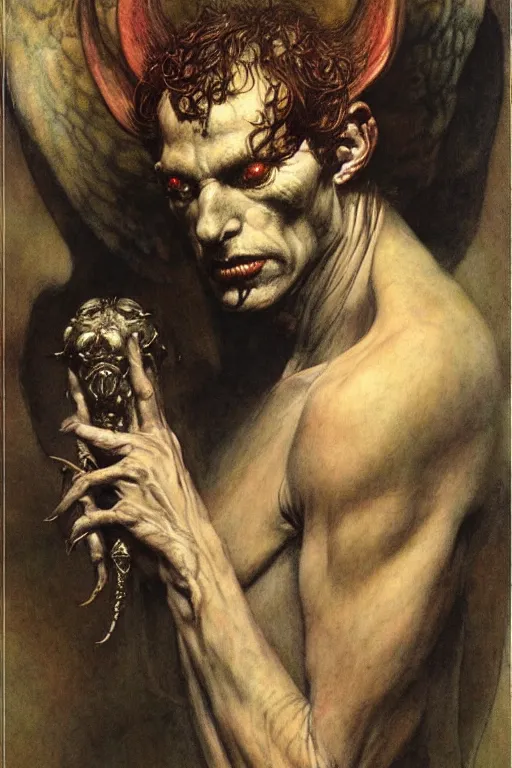 Image similar to a portrait of lucifer by wayne barlowe, gustav moreau, goward,  Gaston Bussiere and roberto ferri, santiago caruso, and austin osman spare, ((((occult art))))