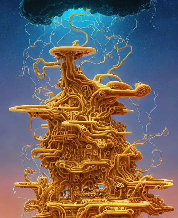 Image similar to a simple dollhouse made out of exotic fungus, weird simple fungus and tendrils, spaceship, sci - fi, robots, clinical, partly cloudy, hell, fire, brimstone, lava, by dan mumford, yusuke murata, makoto shinkai, ross tran, cinematic, unreal engine, cel shaded, featured on artstation, pixiv