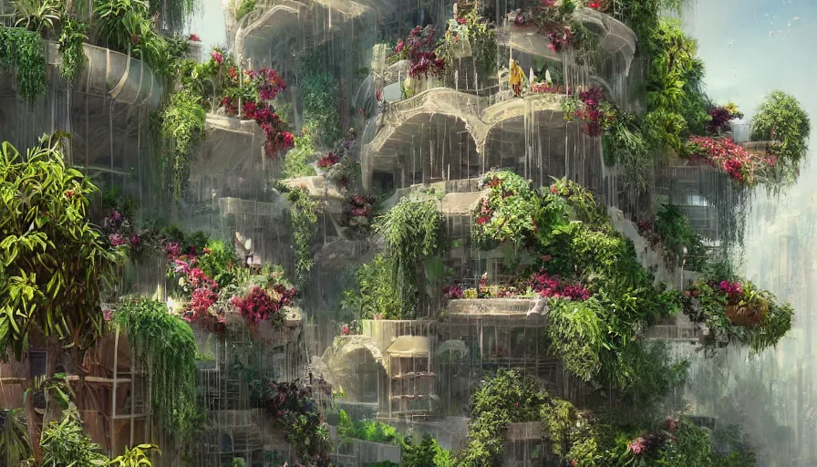 Prompt: hanging gardens of babylon, flowers, palms, artstation