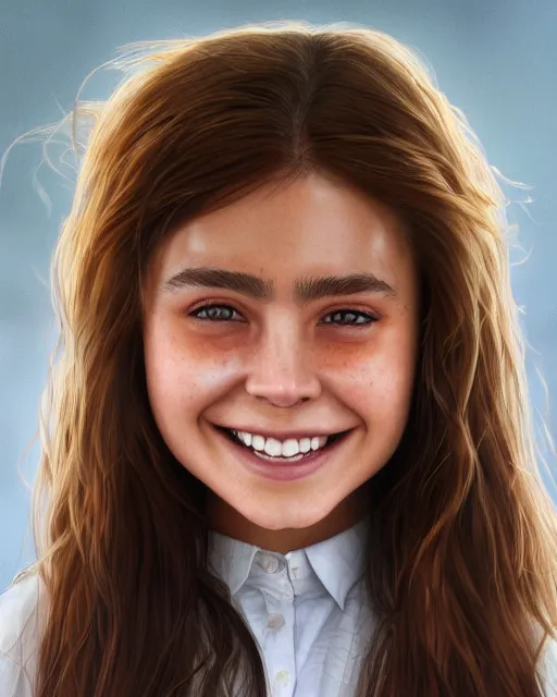 Image similar to close up portrait of 1 5 - year - old girl, smile with large front teeth, hermione granger, very bushy brown hair, and very bright brown eyes, wearing white shirt, hyper realistic face, beautiful eyes, character art, art by mark brooks, hyperdetailed, cryengine, trending on artstation, digital art