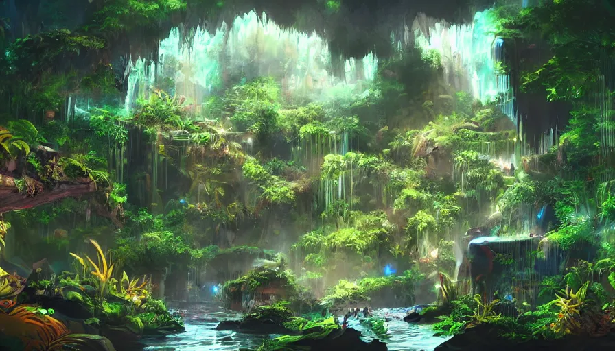 Image similar to concept art of underground jungle cave with waterfalls, luminescent plants, colorful, high detailed, ultra realistic