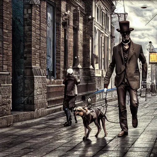 Image similar to steampunk robot walking his dog on the street photorealistic, cinematic, digital art