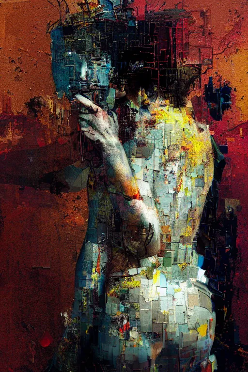 Prompt: a beautiful glitched painting by robert proch of a woman in a glitched bathroom, metal rust and plaster materials, pixel sorting, color bleeding, brushstrokes by jeremy mann, still life, dark colors