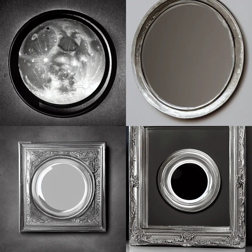 Prompt: a full moon in a old silver mirror at night, award winning photo