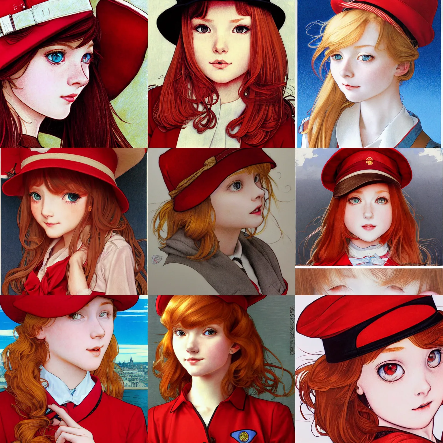 Prompt: closeup portrait of young redhead girl in red stewardess hat. insanely and epically detailed high-quality artwork with soft colors, exquisitely detailed soft shadowing, amazingly composed image, epic pencil illustration, by Range Murata and by Alphonse Mucha and by Katsuhiro Otomo