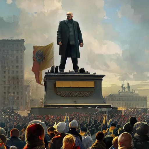 Prompt: a crowd of people with ukrainian flags bring down statue of vladimir lenin, photorealistic, highly detailed, artstation, smooth, sharp focus, art by michael whelan, artgerm, greg rutkowski and alphonse mucha