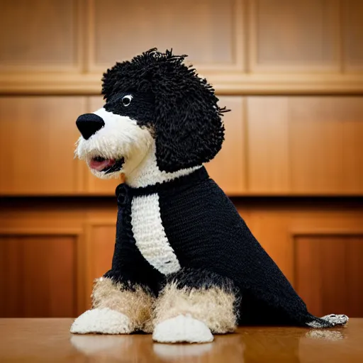 Image similar to a closeup photorealistic photograph of a cute smiling knitted bernedoodle judge dog dressed in a black gown, presiding over the courthouse. indoors, professional capture, well lit shot. this 4 k hd image is trending on artstation, featured on behance, well - rendered, extra crisp, features intricate detail, epic composition and the style of unreal engine.