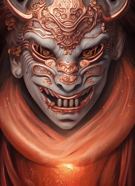 Image similar to a beautiful detailed oil on copper art illustration of a oni hannya mask shogun bear woman, centered, by charlie bowater, zeng fanzh, trending on artstation, dim dusk lighting, cinematic lighting, detailed lighting, volumetric lighting, realistic, f 8, 4 k hd wallpaper