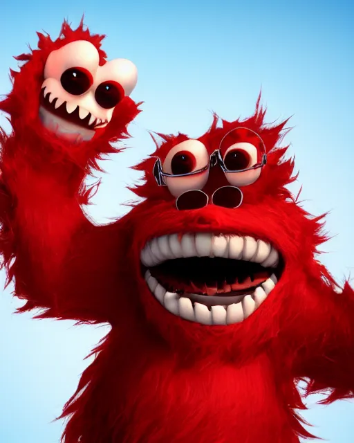 Image similar to 3 d render of completely red hairy friendly monster smiling wearing chrome shades, full body, simple, cute, white background, unreal engine 5 hdr