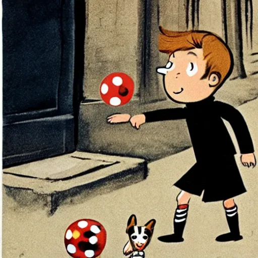 Image similar to book illustration of a french boy on the streets of paris playing football against a corgi, the dog is wearing a polka dot scarf, 1 9 6 6