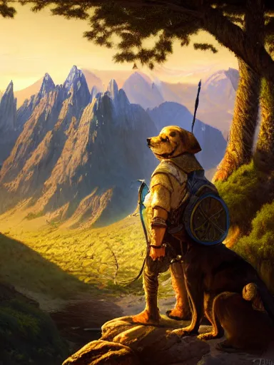 Prompt: an adventurer in the begining of a journey with his dog. near a precipice the sun and mountains on the background intricate, elegant, highly detailed, digital painting, artstation, concept art, sharp focus, illustration, by justin gerard and artgerm, 8 k