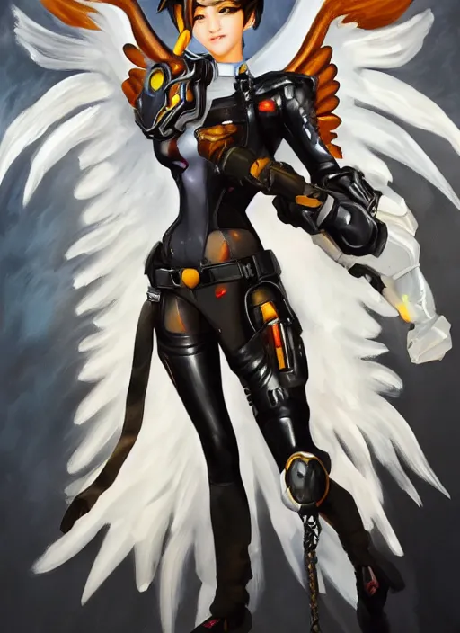 Image similar to full body oil painting of tracer overwatch, angel wings, dramatic painting, symmetrical composition, wearing detailed leather choker, black shiny armor, detailed face and eyes,