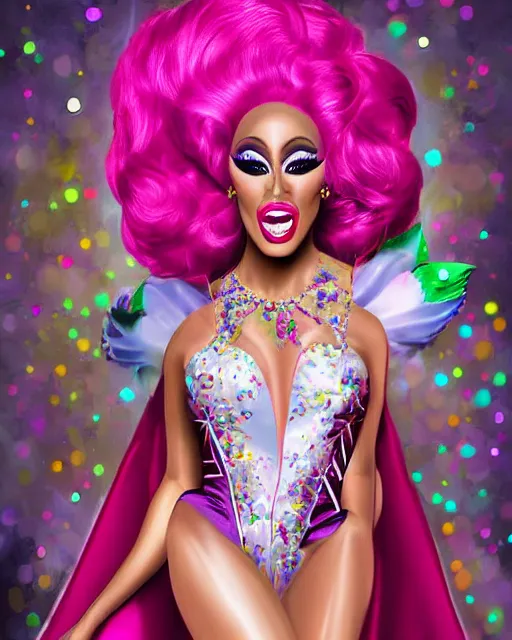 Prompt: 4k digital painting, digital artwork of a fabulous drag queen dressed up like disney princess, 💋 💄 👠 , drag queen from ru paul\'s drag race, fashion photography, drag queen in princess costume