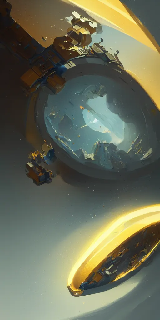 Image similar to highly detailed portrait of a semicircular bounded space surrounded by golden and blue magic powder, ultra wide angle, finer details : 3, by ian fisher and greg rutkowski, trending on artstation.