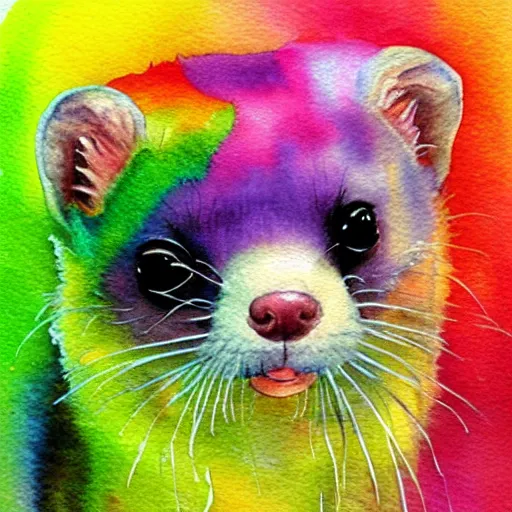 Image similar to rainbow impressionist in watercolor, ferret, ferrets, ferret, hyperrealistic, hyperalism, realistic