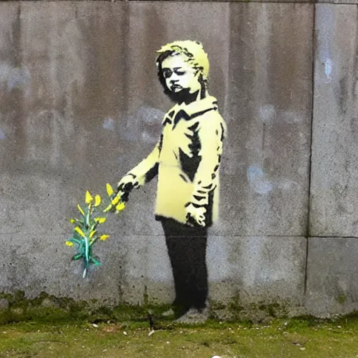 Prompt: banksy as last flower on earth, hyperrealistic, no duplicate content, left align