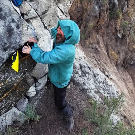 Prompt: homeless swedish man affixed to cliff