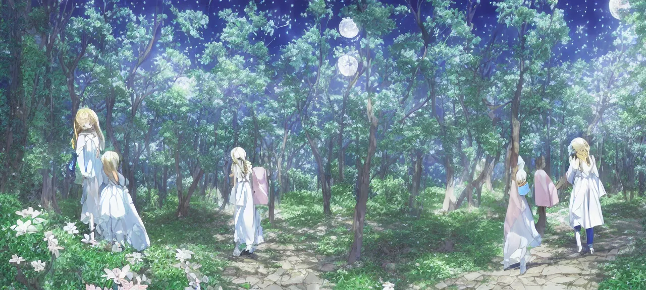 Image similar to illyasviel walking through enchanted ghibli clover | Big Moon at Blue Night | Trees with white flowers | bioluminescent blue FLOWERS | strong blue rimlit | visual-key | anime illustration | highly detailed High resolution | Light Novel | Visual Novel | In the style of Miyama-Zero, Yuuki Hagure