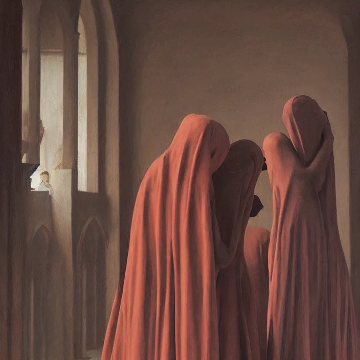 Image similar to two women hugging with a paper bag over the head, dressed in plastic bags, inside magnificent cathedral, highly detailed, artstation, art by , edward hopper, zdislav beksinski, wayne barlowe