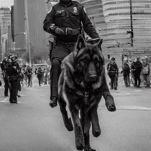 Image similar to police officer riding a giant German shepherd in the city, trending on artstation