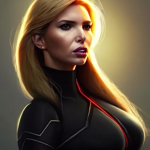 Image similar to Ivanka Trump as black widow, au naturel, hyper detailed, digital art, trending in artstation, cinematic lighting, studio quality, smooth render, unreal engine 5 rendered, octane rendered, art style by klimt and nixeu and ian sprigger and wlop and krenz cushart