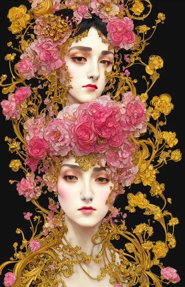 Image similar to beautiful black pink yellow, complicated gold and pink flowers in baroque style headwears, dark fantasy, intricate, elegant, highly detailed, digital painting, artstation, concept art, matte, 3 d 8 k octane rendered, sharp focus, illustration, octane rendered, art by artgerm and alphonse mucha, leesha hannigan