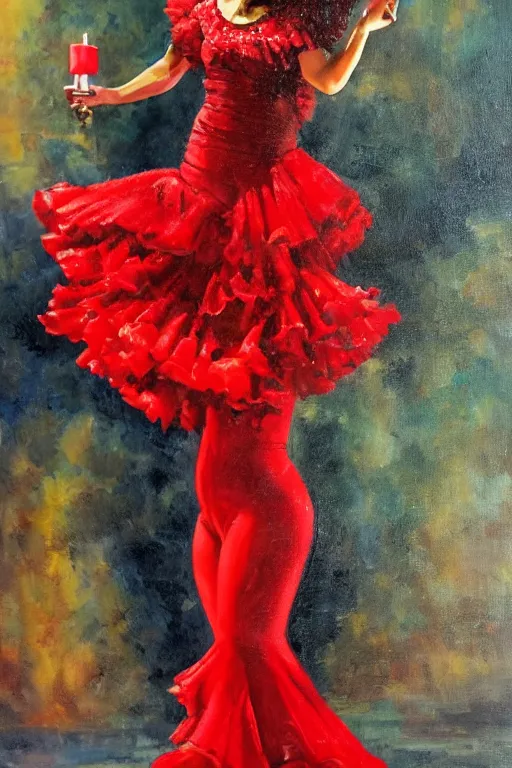 Prompt: oil painting of spanish flamenco dancer in mallorca wearing a red dress made of flowers, dimly lit by candles on the ground, photo realistic, extreme detail skin, no filter, slr, 4 k, high definition