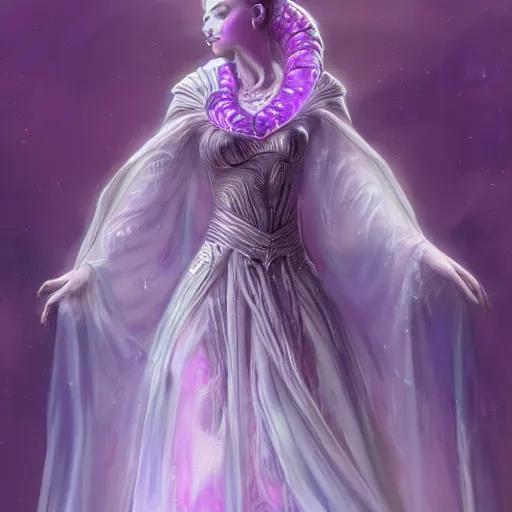 Image similar to alien princess, purple translucent skin!! royalty, white crown, intricate details, flowing gown, padme amidala, art station, sci fi concept art, 8k,