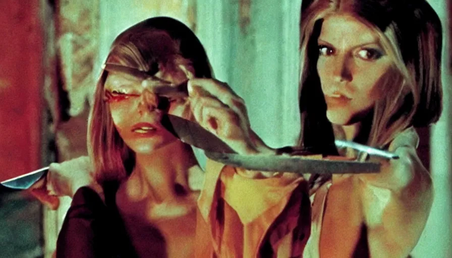 Prompt: color giallo movie about a killer with a knife killing fashion models