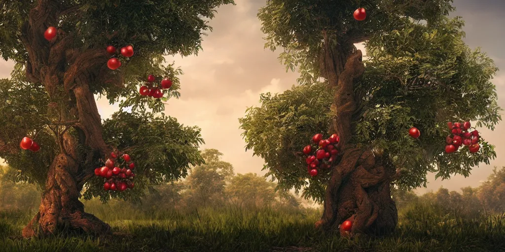 Prompt: garden of Eden, tree with forbidden fruit. high details, ultra realistic, 8k. cinematic. mate painting. artstation trending.