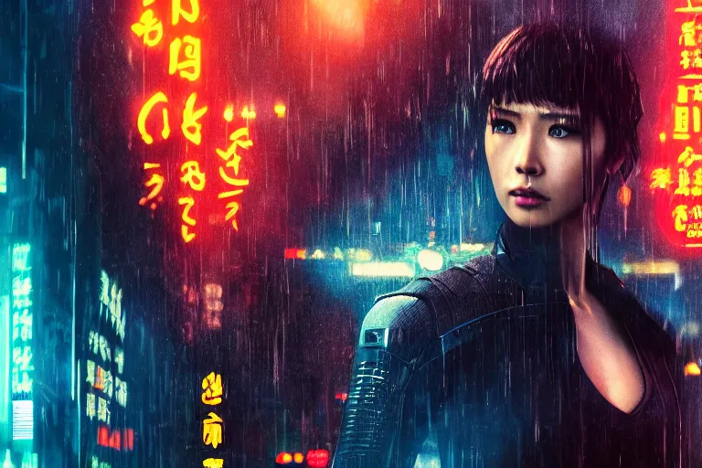 Prompt: 4 k remaster extremely detailed cinematic movie still from blade runner 2 0 4 9 of a chinese cyborg warrior princess in the street, megabuildings, face by artgerm, cyber noir, bokeh, denis villeneuve, rich colors, night, road