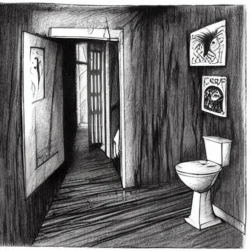Prompt: An illustration for a story titled The haunted bathroom in the style of Scary Stories To Tell In The Dark, drawn by Stephen Gammell