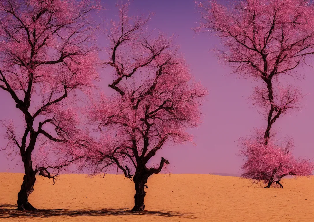 Image similar to a lonely pink tree in a dark desert, sand, gold, bright light, detailed photography, vivid colors, ultra realistic, 8 k, photography