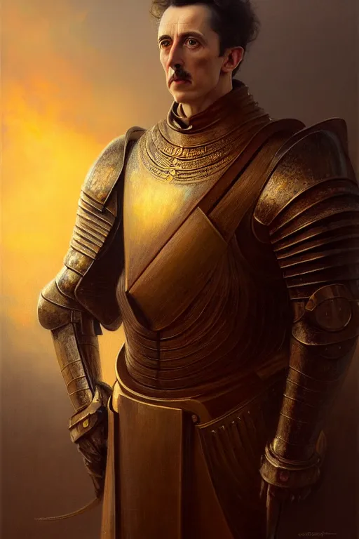 Prompt: breathtaking soft painting of nicolas tesla with an intricate knight armor in a golden sky, books flying around, realistic symmetrical face features, rembrandt style, elegant, highly detailed, artstation, concept art, matte, sharp focus, art by tom bagshaw, and greg rutkowski