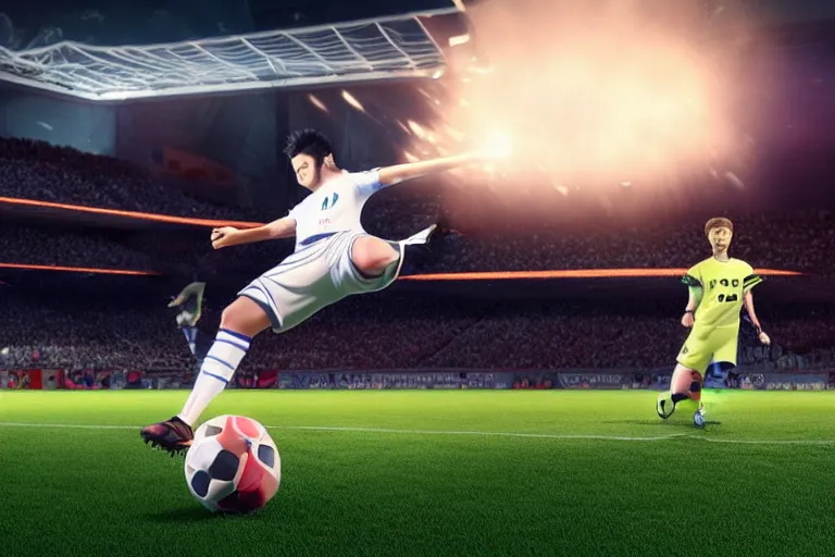 Prompt: anime soccer player scores goal with high kick, hyper realism, octane render