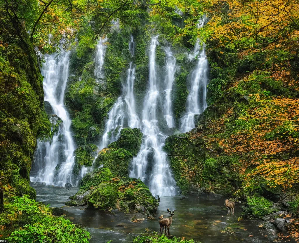 Prompt: the most beautiful panoramic 3 5 mm photography where a giant dreamy waterfall creates a river the trees around are starting and a deer