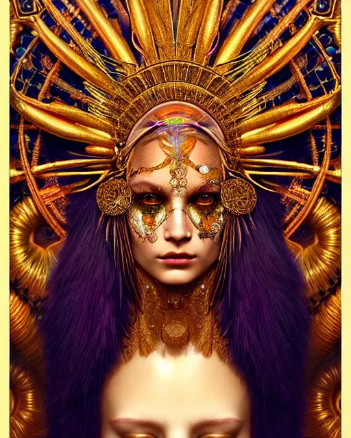 Image similar to hyperrealistic detailed portrait of a beautiful goddess in an iridescent - gold ornamental ritual headdress, intricate cyberpunk make - up, golden face tattoos, insane details, art by ernst haeckel, android jones, john william godward, gothic - cyberpunk, beautiful deep colours,