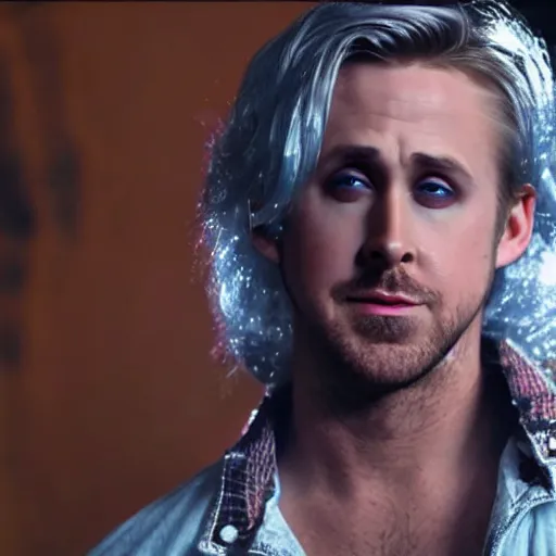 Image similar to Ryan Gosling with silver-violet hair, white eyes inflated press and denim glittery vest, wide lens, diorama, 4k,