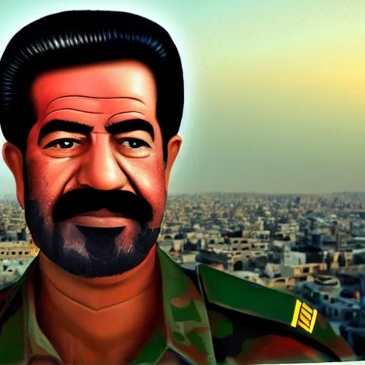 Image similar to portrait of Saddam Hussein, Baghdad skyline background, washed out colors, ambient lighting, dynamic lighting, lens flare, 4K, HQ, official media, detailed, trending on artstation