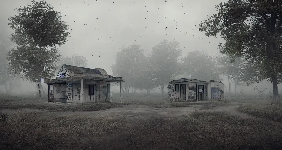 Prompt: Old abandoned gas stations on the side of the road to nowhere, evil, demonic, enchanting, misty, haze, cloudy, angelic, flowers, nature, environment concept, cinematic, cgsociety, dim and dark lighting, cinematic, intricate details, 8k detail post processing, hyperealistic, photo realism, by Stephen King