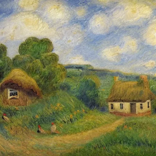 Prompt: a grassy landscape with a cottage and birds in the air, impressionist painting