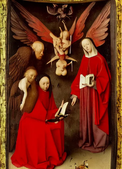 Image similar to fallen angels dressed in red with wings by Jan van Eyck, Hieronymus Bosch, Johannes Vermeer 4k post-processing, highly detailed medieval painting