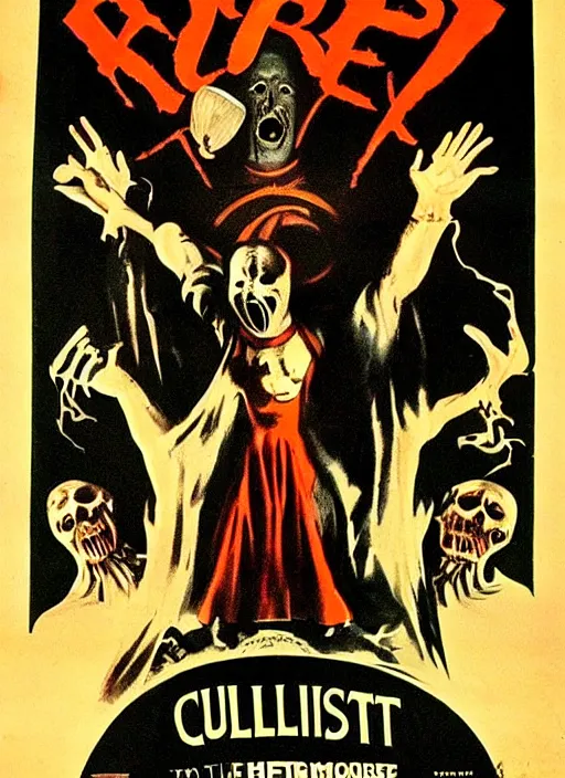 Image similar to old vintage poster for a horror movie called the cultist, detailed, horror