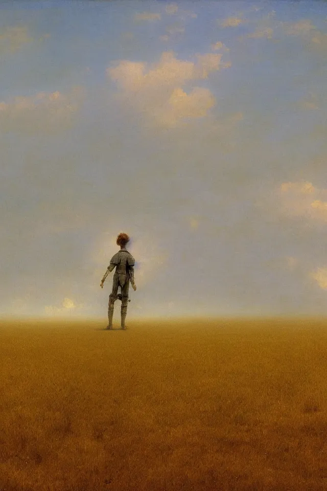 Image similar to the back view of one small robot human on the ground, vast wheat fields, many distant tall buildings far away, by Ivan Aivazovsky, godrays, atmospheric, cinematic, distant world, wide angle, detailed