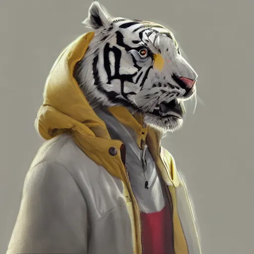 Prompt: a beautfiul award winning aesthetic commission of an antrho albino tiger wearing a yellow-black padded hooded puffer jacket,digital art,art by greg rutkowski,character design by charles bowater,ross tran,photorealistic,detailed face,hyperdetailed,western comic,2021,artstation,deviantart,cg society,3d render