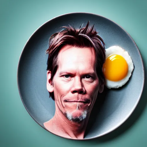 Prompt: a photo of kevin bacon made of bacon and eggs on a plate, rendered in octane