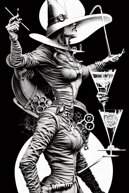 Prompt: side view of a majestic steampunk alchemist wizard holding a martini, high details, bold line art, by vincent di fate and joe fenton, inking, etching, screen print, masterpiece, trending on artstation, sharp, high contrast, hyper - detailed,, hd, 4 k, 8 k