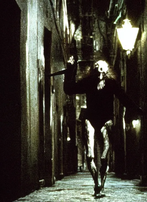 Image similar to cinestill night portrait of a human monster walking on the street horror practical fx by david cronenberg and terence fisher