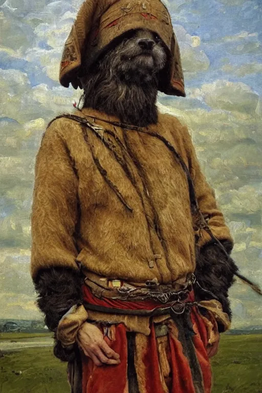 Prompt: slavic dog head man, woolen torso in medieval clothes, builds the roof, oil painting, painting by viktor vasnetsov, concept art, hyperrealism, beautiful, high resolution, trending on artstation,